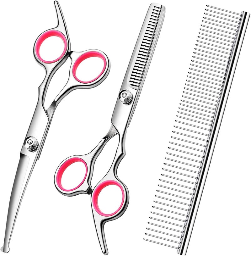 FAIGEO Dog Grooming Scissors with Safety Round Tips Stainless Steel Professional Dog Grooming Kit - Thinning, Curved Scissors and Comb for Cat Pet (Pink 4 in 1) - Image 1